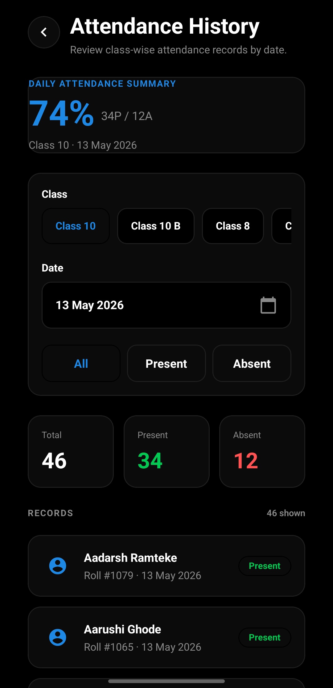 Attendance History with class filter, date selector and per-student records
