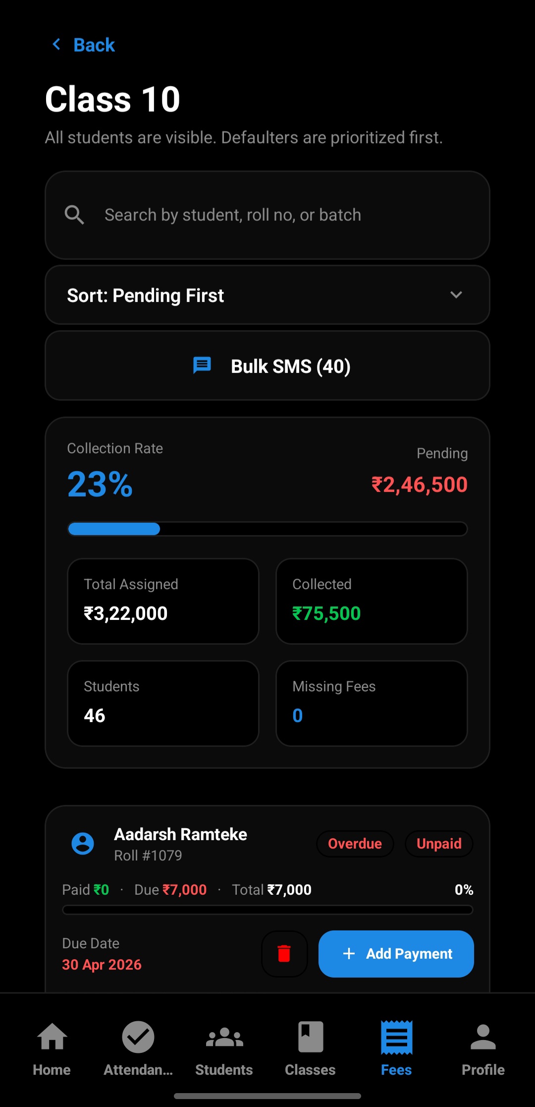 Class 10 collections drill-down with Bulk SMS Reminder button and defaulter-first sorting