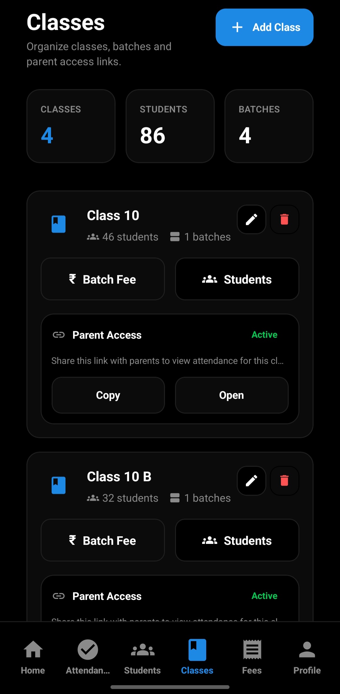 Classes management with Batch Fee buttons and Parent Access toggles