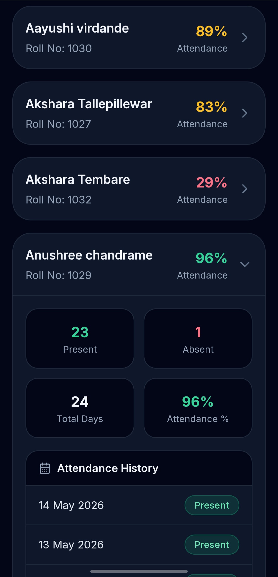 Parent portal class list with color-coded attendance percentages