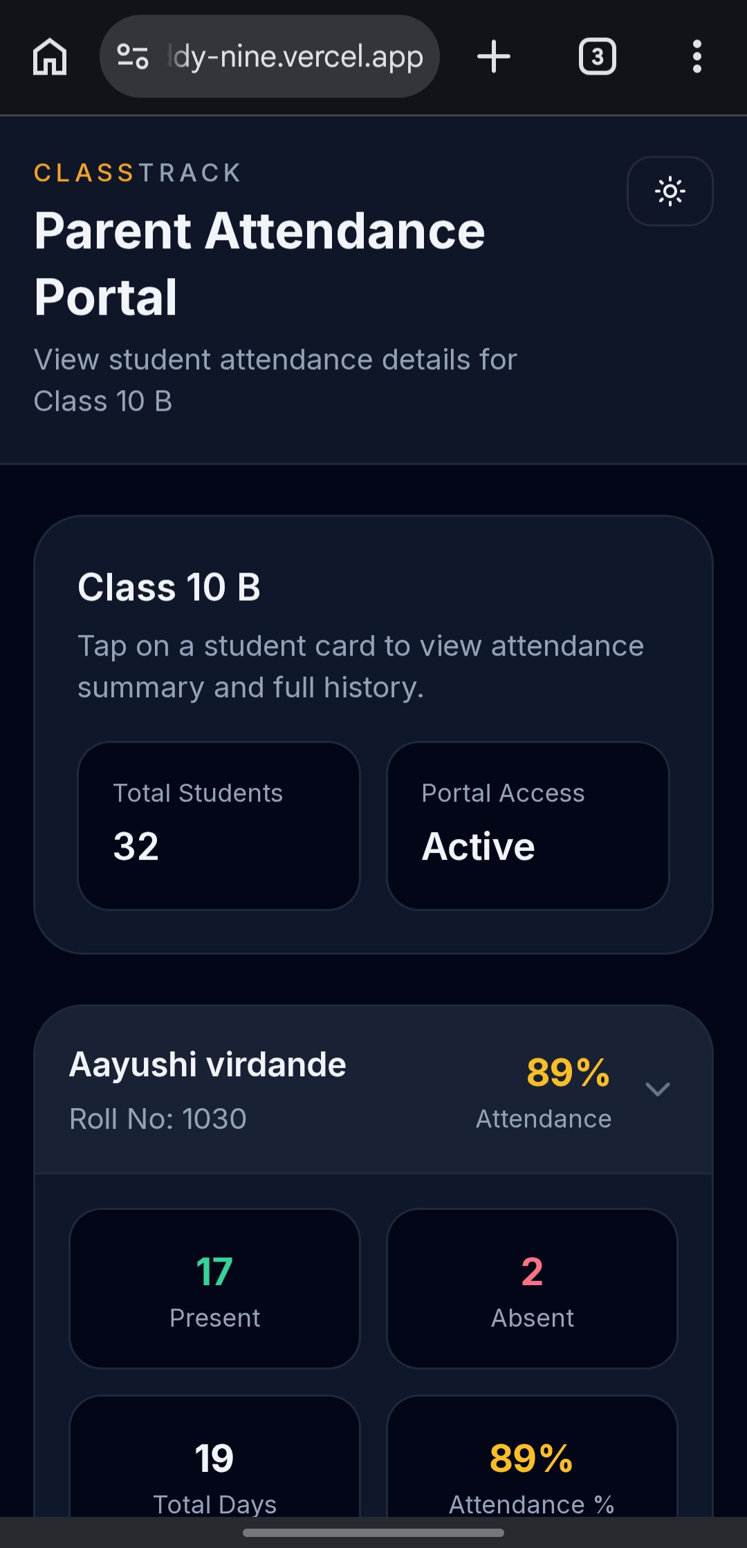 Parent attendance portal showing student detail with attendance history